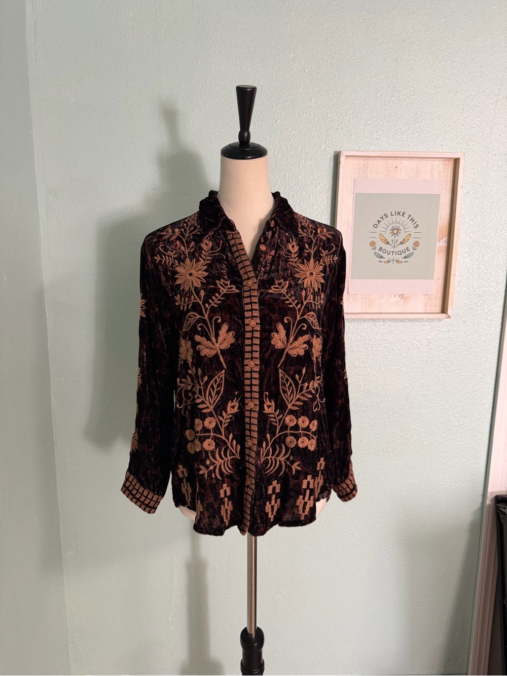 Johnny Was Georgina Embroidered Velvet Floral Button-Front Top - Black & Brown